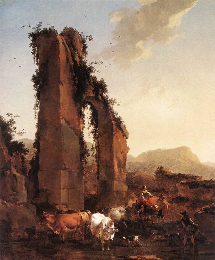 Berchem Nicolaes - Paysans avec leur troupeau a cote d-un Aqueduc.jpg